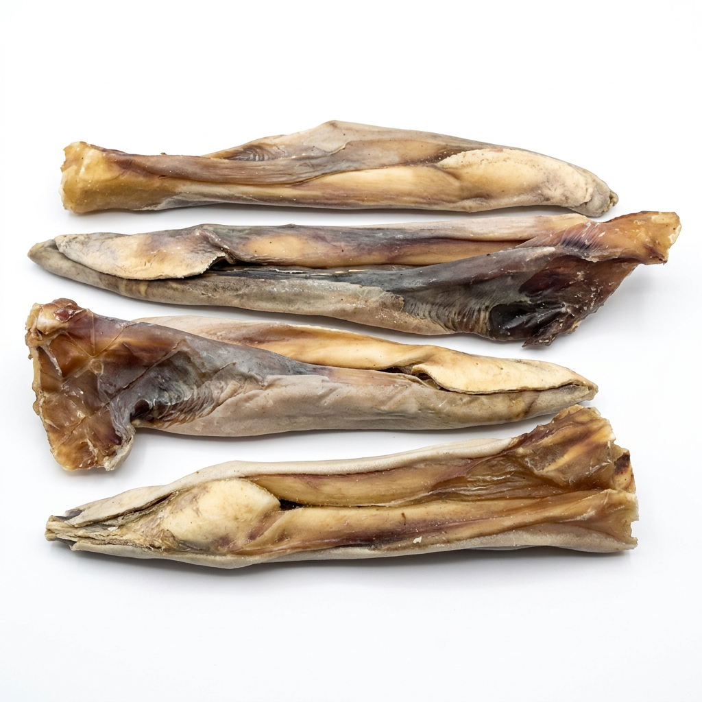 Dehydrated shark pizzle dog treats on a white background