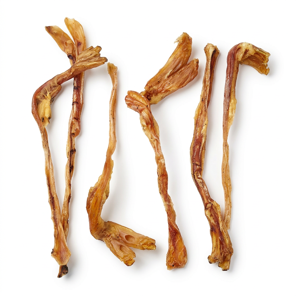 Dried beef Achilles tendons on a clean white background