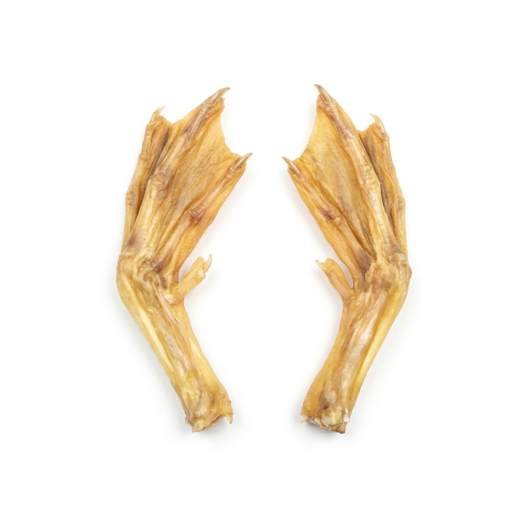 Two dried duck feet on a pure white background
